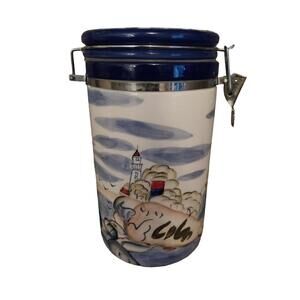Baum Bros Nantucket Collection Canister  Lighthouse Sailboat Ocean Style 9.25"